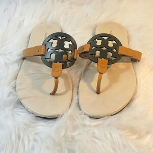 TORY BURCH Miller Logo Leccio/Pesca‎ Soft Calf Leather Sandals Size 6